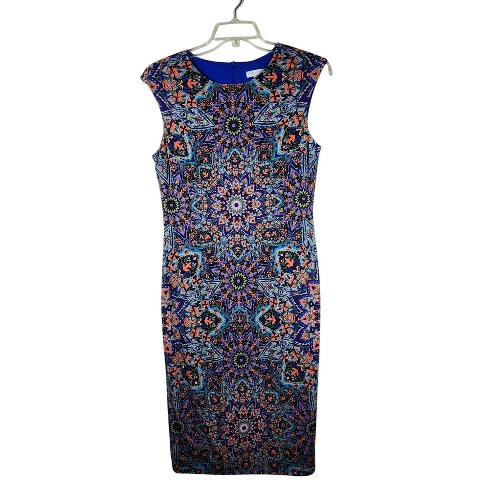 London Times Womens 12 Kaleidoscope Sheath Dress Blue Career Stretch Lined Midi